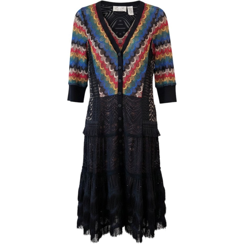 Byron Lars Beauty Mark Multi Color Crochet Black‎ Lace Fringe Dress Size 4